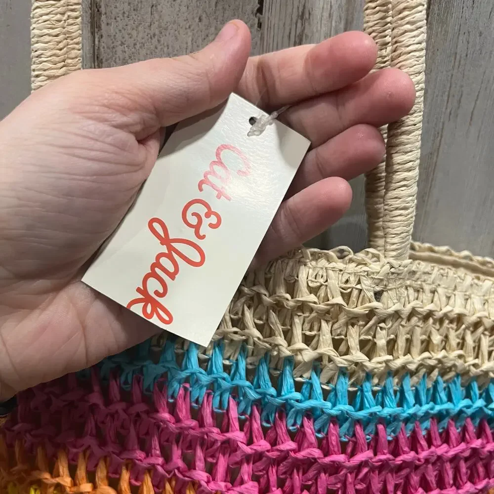 New! Cat & Jack Rainbow Stripe Woven Straw Beach Bag Shoulder